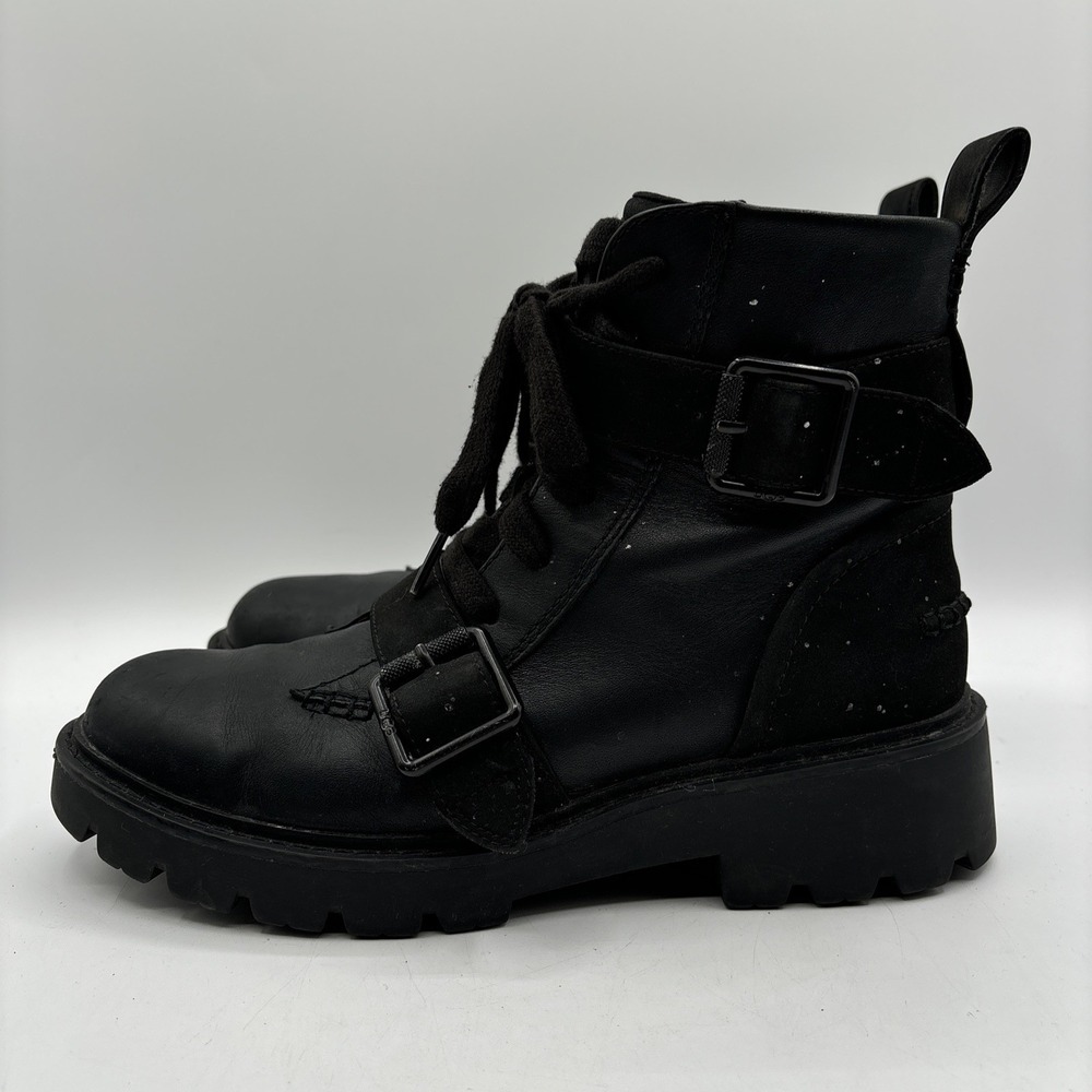 UGG Noe Combat Boots Women's Size 8.5 Black Moto Biker Chunky Leather 1104731 - Picture 8 of 12